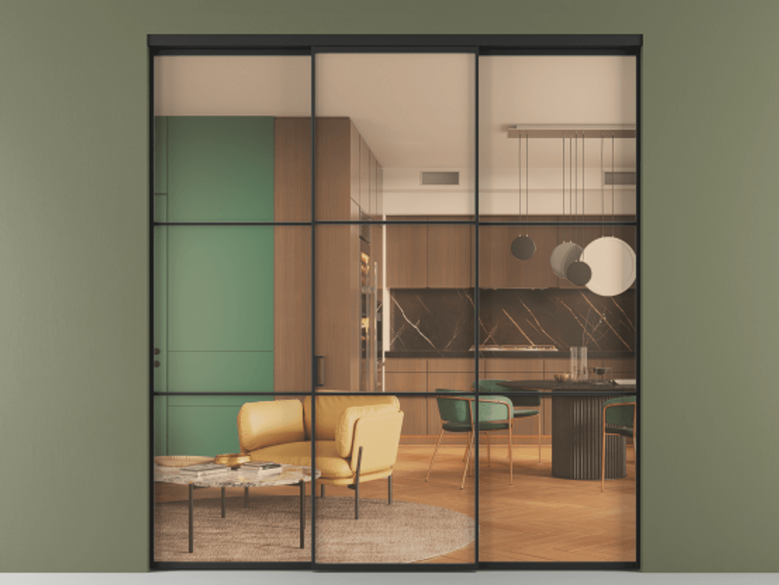 Перегородка Формато внутри проёма 3 створки АЛПР 040.03 Алюминий Черный Прозрачное оранжевое стекло, триплекс Цена 238700 ₽ | Volhovec