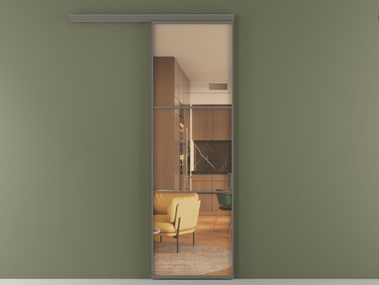 Алюминевая перегородка АЛПР 040.03_АКЛС_ПРОЗ ОРАНЖ_new. Цвет Алюминий классический серый. Материал Алюминий в эмали. Коллекция Перегородка Формато вдоль стены 1 створка. Картинка.