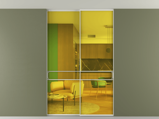 Алюминевая перегородка АЛПР 040.02_АСР_ПРОЗ ЖЕЛ_new. Цвет Алюминий серый. Материал Алюминий в эмали. Коллекция Перегородка Формато внутри проёма скрытое крепление в потолок 2 створки. Картинка.