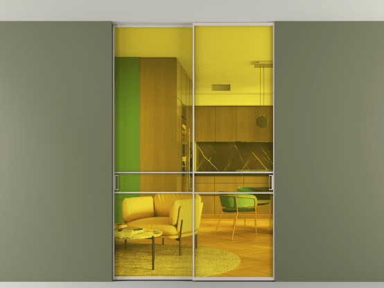 Алюминевая перегородка АЛПР 040.02_АСБЖ_ПРОЗ ЖЕЛ_new. Цвет Алюминий светло-бежевый. Материал Алюминий в эмали. Коллекция Перегородка Формато внутри проёма скрытое крепление в потолок 2 створки. Картинка.