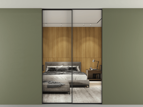 Алюминевая перегородка p2_01 Зеркало триплекс ЧЕР. Цвет Алюминий Черный. Материал Алюминий. Коллекция Перегородка Formato внутри проёма скрытое крепление в потолок 2 створки. Картинка.